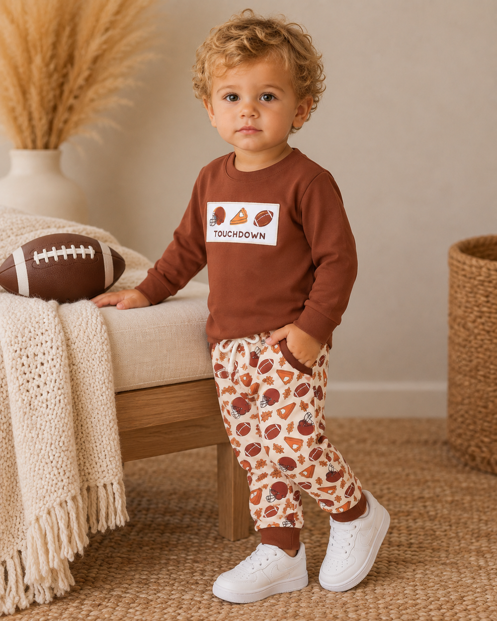 Toddler set: brown long-sleeve shirt with touchdown patch and football print pants