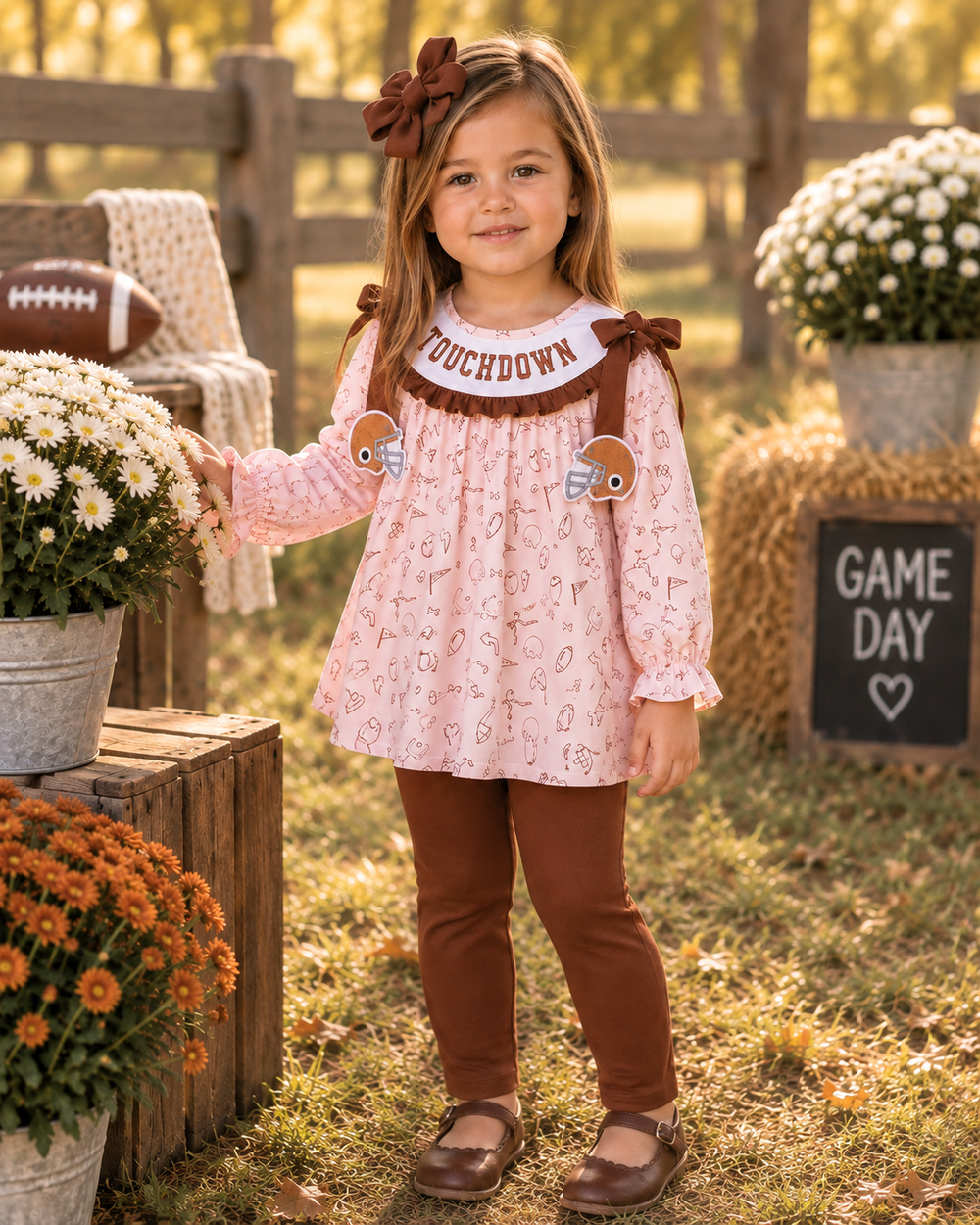 Girls football-themed ruffle set with pink printed top, brown ankle pants, bows.