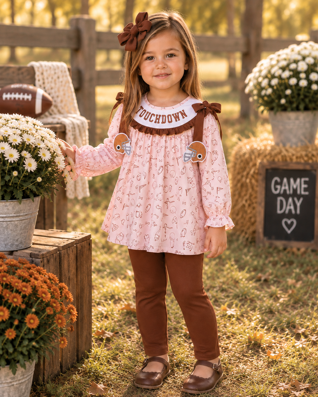 Girls football-themed ruffle set with pink printed top, brown ankle pants, bows.