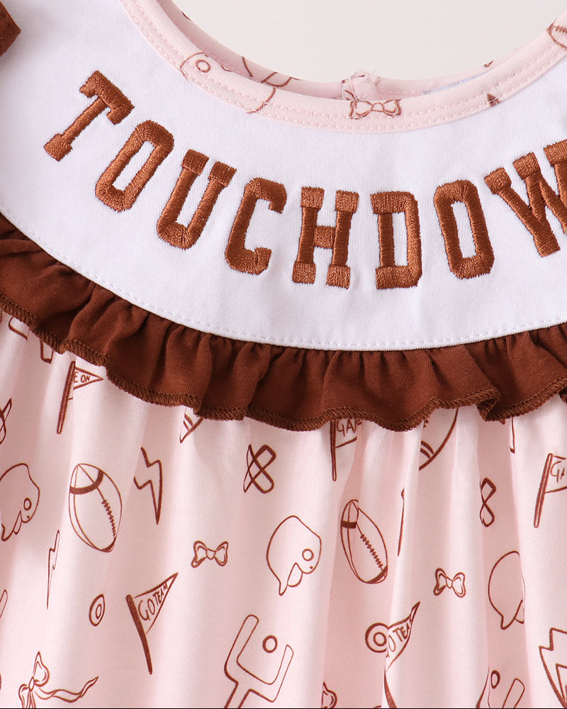 White ruffle collar with brown touchdown embroidery on football-themed top