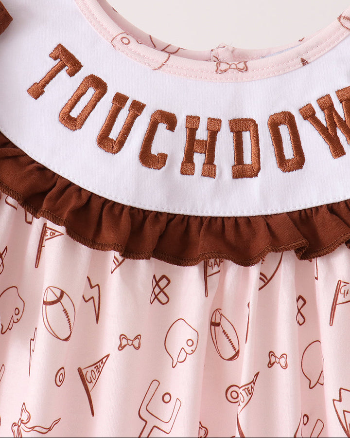 White ruffle collar with brown touchdown embroidery on football-themed top
