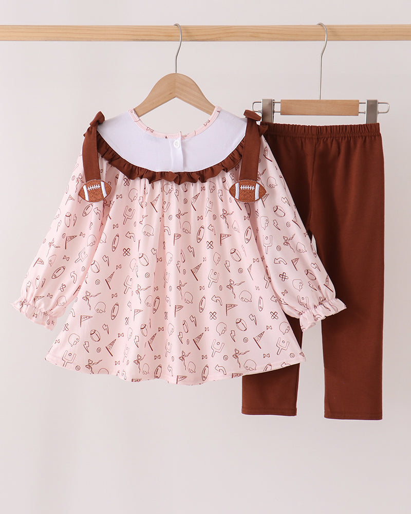 Football-themed ruffle top and dark brown pants set, long sleeves, hanging
