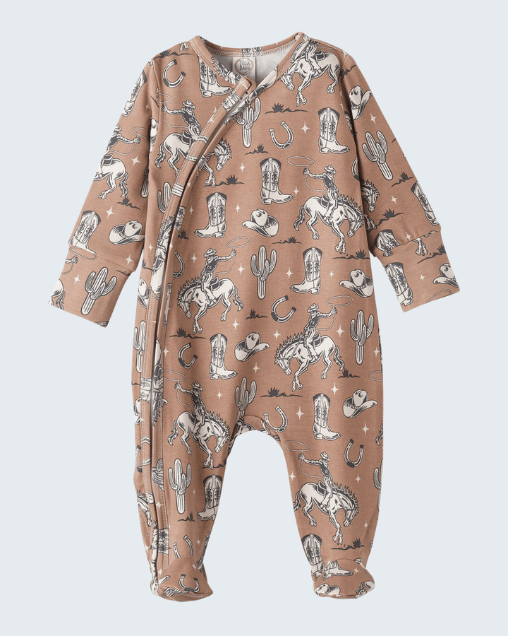 Brown western baby boy bamboo zipper romper