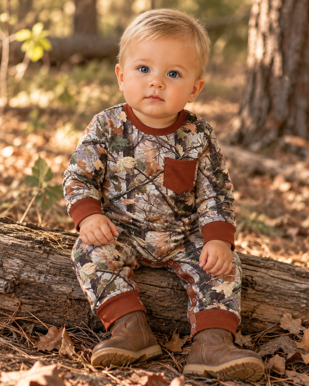 Baby boy is wearing a Brown Woodland Camouflage Tree Pocket Romper
