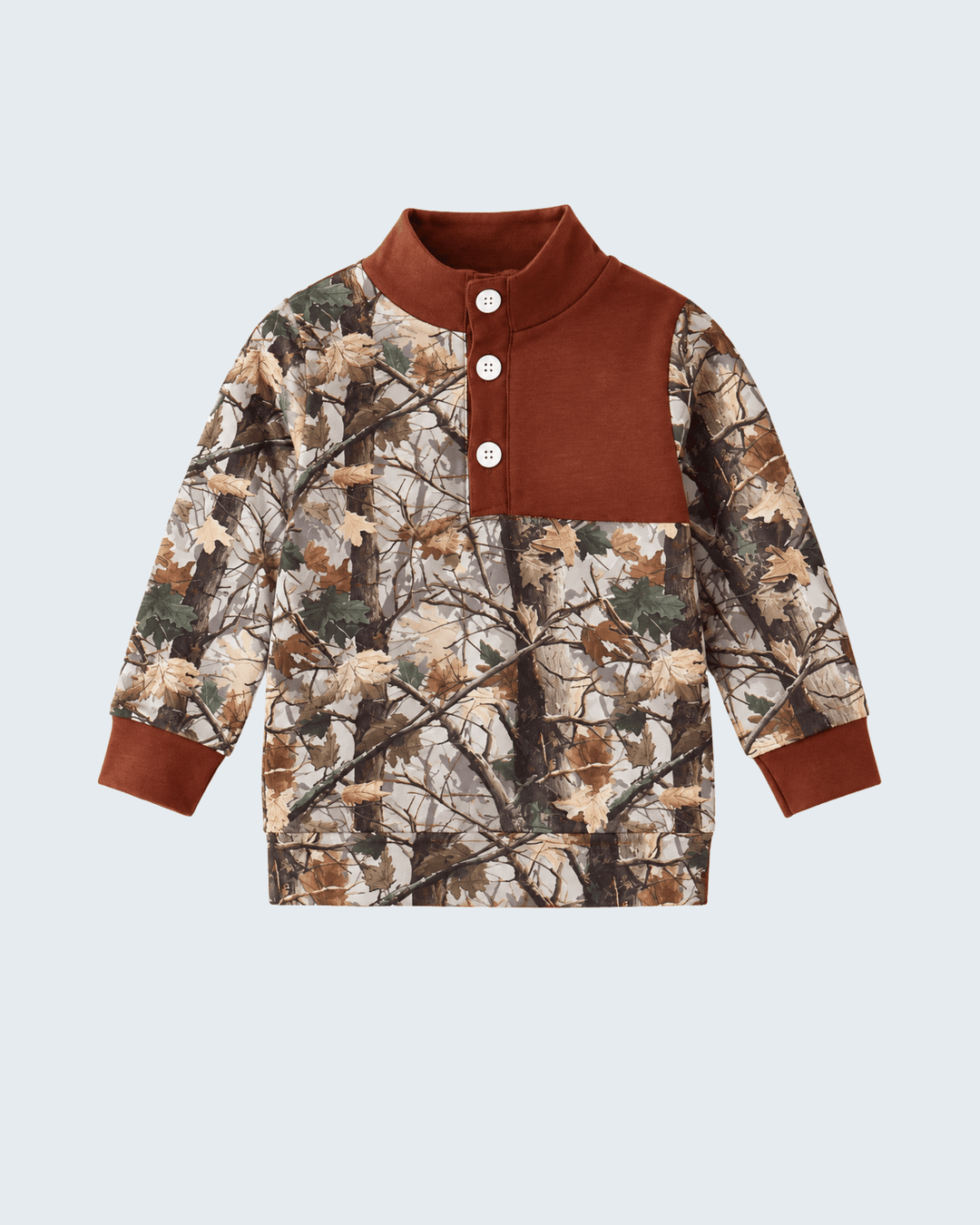 A long-sleeve children's henley shirt with a brown and beige woodland camouflage pattern on the body and sleeves, a solid brown mock neck collar, and a three-button placket, shown on a light gray background.