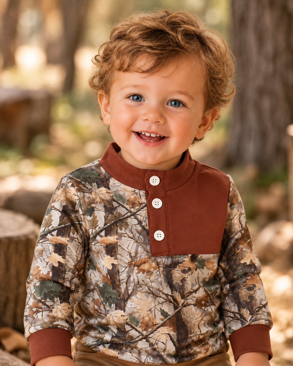 A smiling toddler with curly light brown hair wearing a camouflage long-sleeve henley shirt with a solid brown mock neck and three buttons, set against a blurred outdoor forest background.