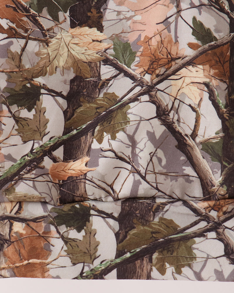 Tree-camouflage pullover back with dense woodland leaf and branch print