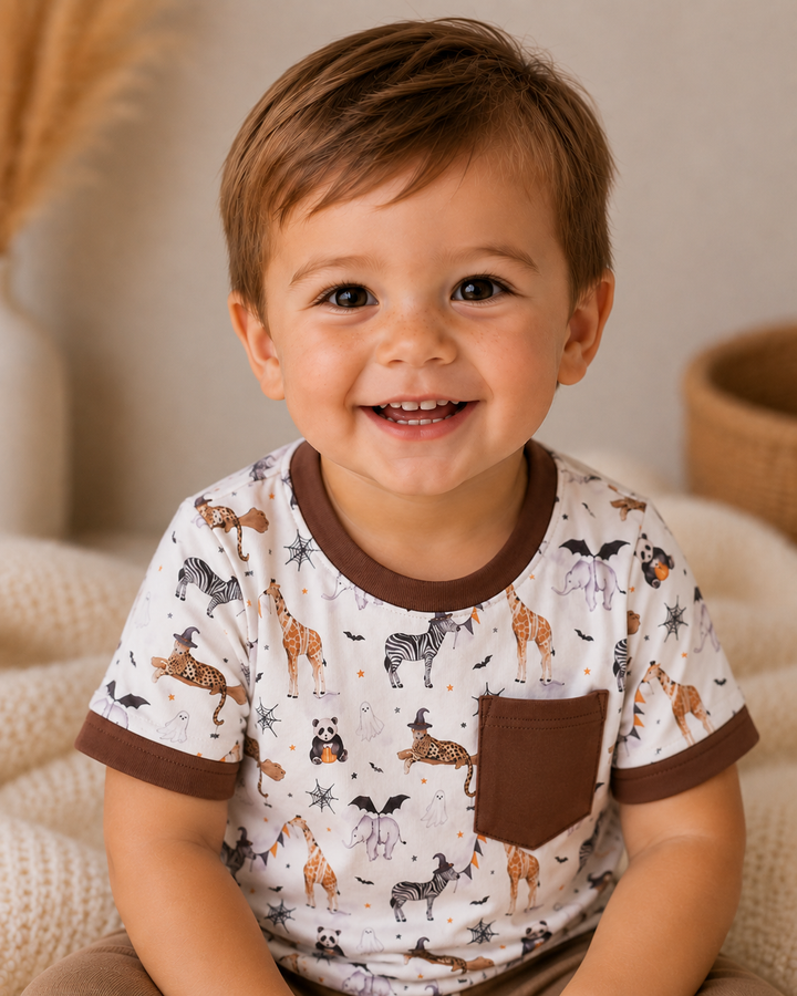 A smiling toddler boy wearing a short-sleeve white t-shirt with brown trim and an all-over safari animal print, sitting on a cozy beige knitted blanket.