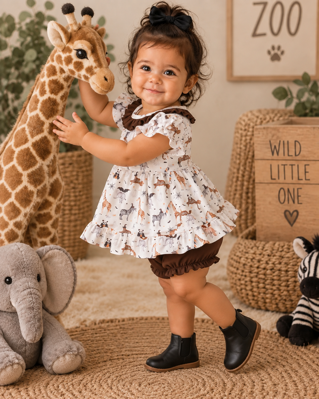 A toddler girl stands on a woven rug in a styled nursery setting, wearing a white short-sleeve dress with a brown giraffe and zebra print, brown ruffled shorts, and black ankle boots. She is posing next to a large plush giraffe toy, with stuffed animals and decorative signs in the background.