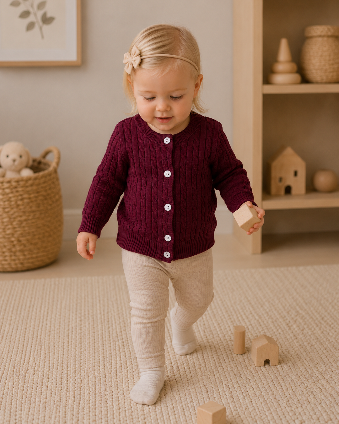 A toddler girl walking on a textured cream rug in a nursery, wearing a deep burgundy cable-knit cardigan with white buttons and cream pants.