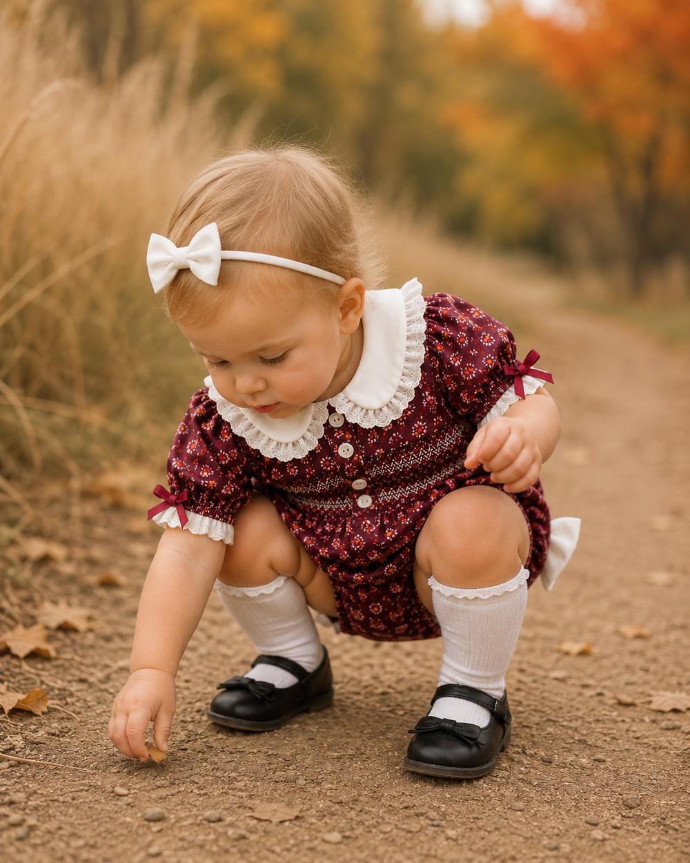Toddler wearing burgundy floral smocked bubble romper with white ruffle collar and bows