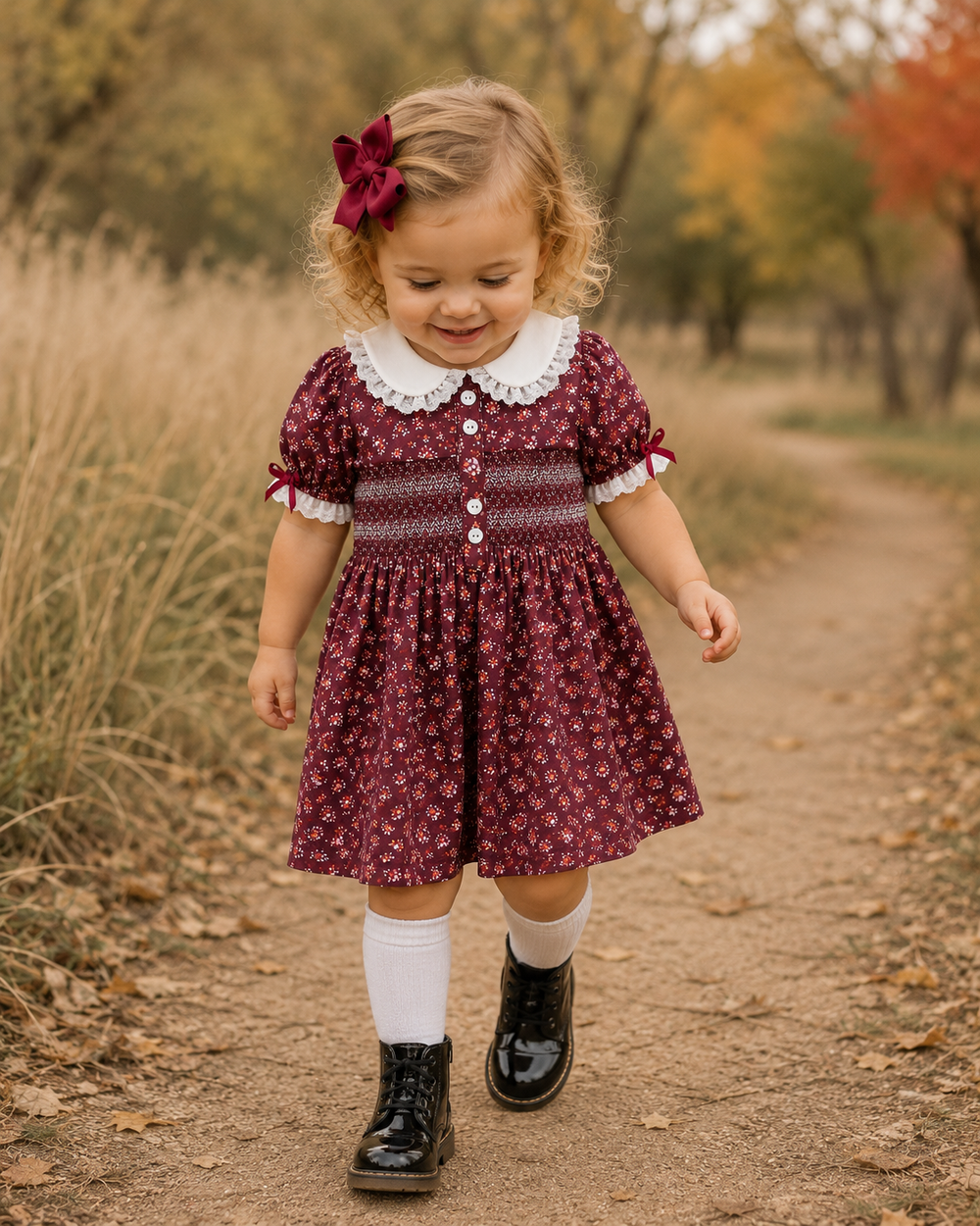 Girls' burgundy floral smocked dress with white Peter Pan collar and buttons, bow sleeves