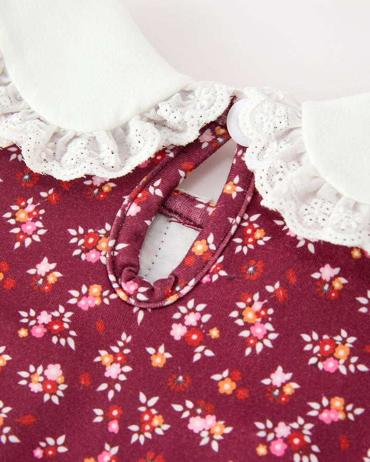 Burgundy floral girls dress with lace-trim peter pan collar and bow tie neckline