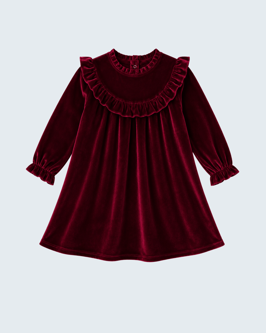 Burgundy velvet holiday dress with wide ruffle collar and long sleeves