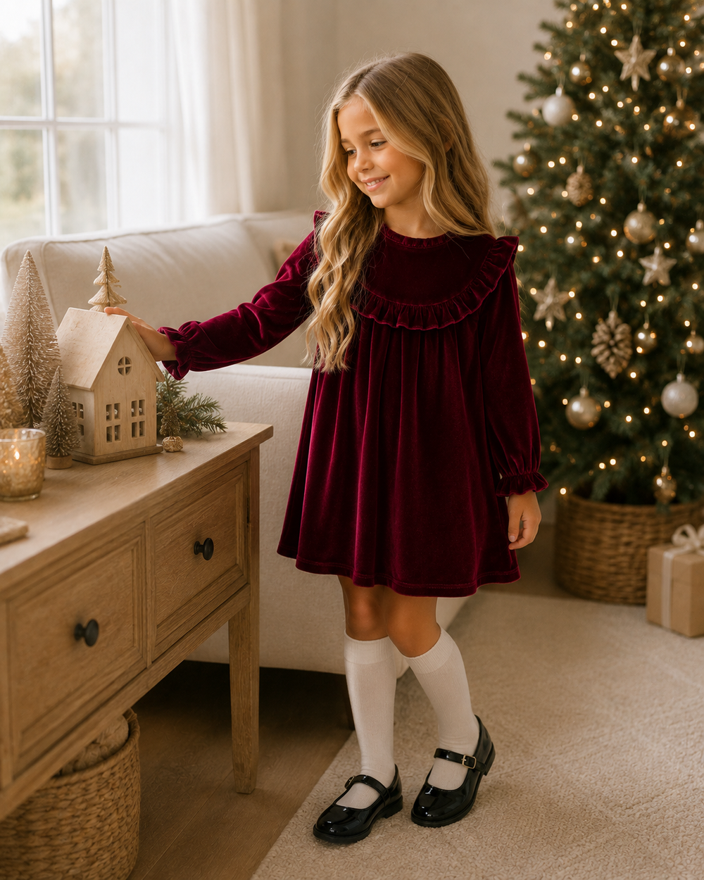 Burgundy velvet ruffle dress on child, long puff sleeves with elastic cuffs