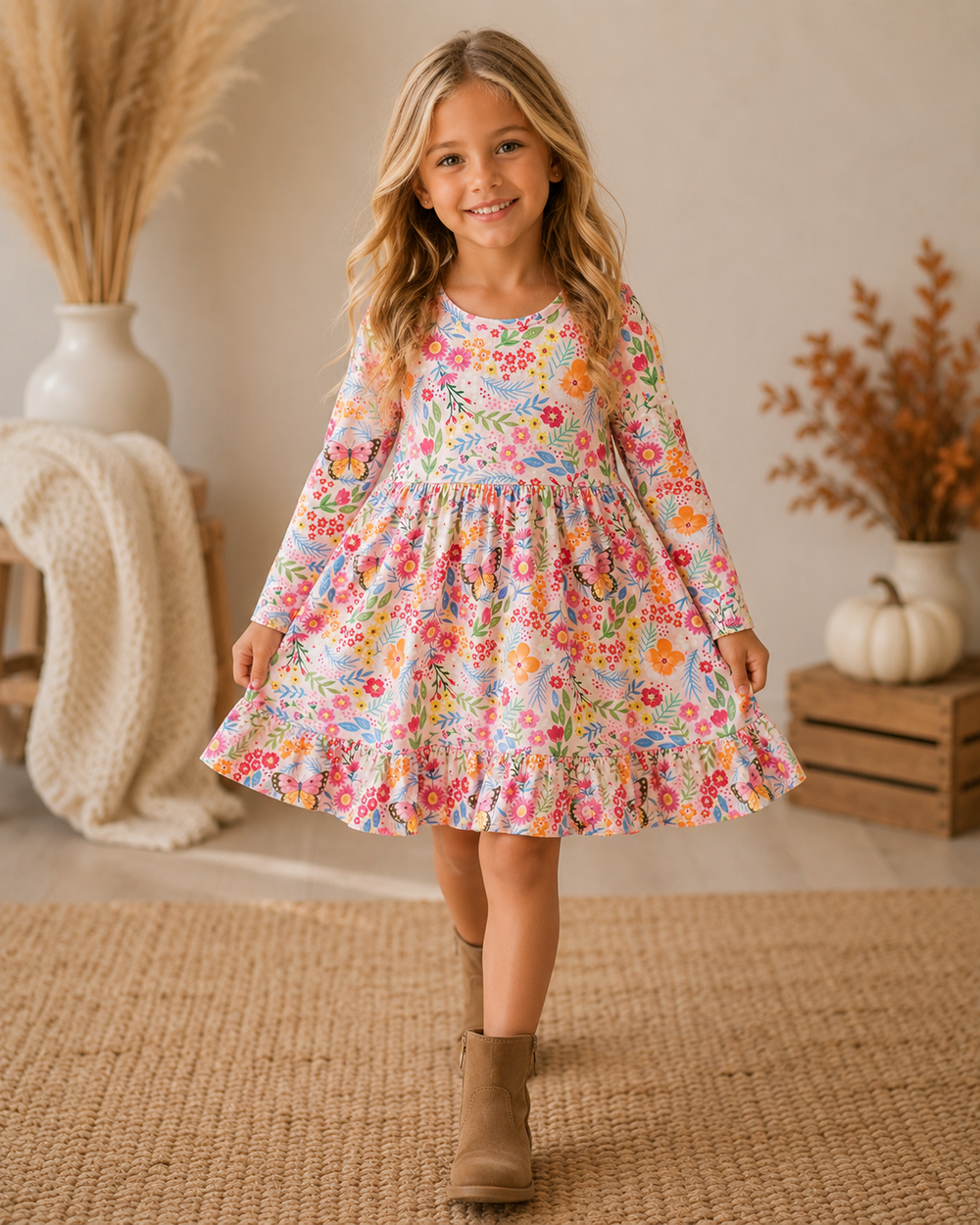 Young girl wearing a floral dress standing in a home setting with decorative elements.