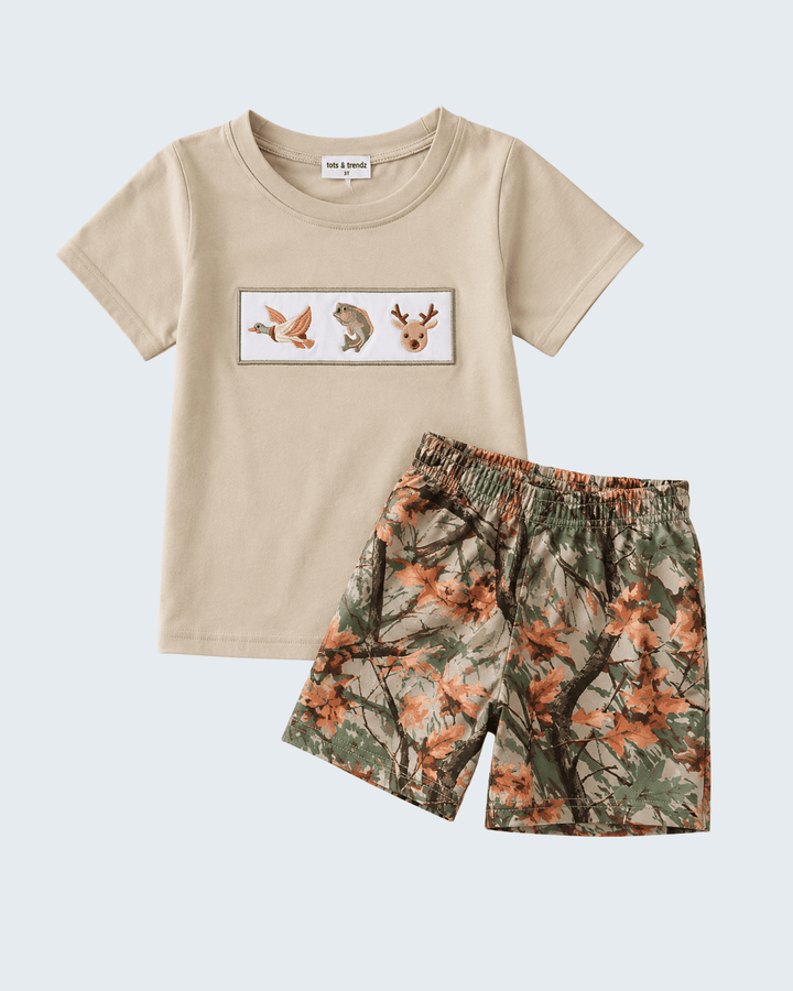 Camo Wildlife Embroidered Shorts Set on grey backround