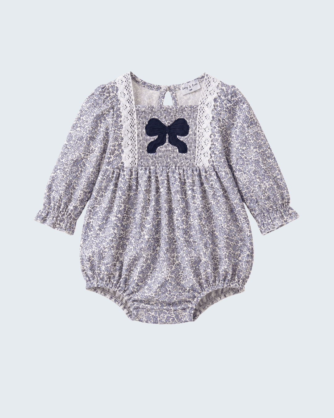 Navy Floral Bow Smocked Bubble