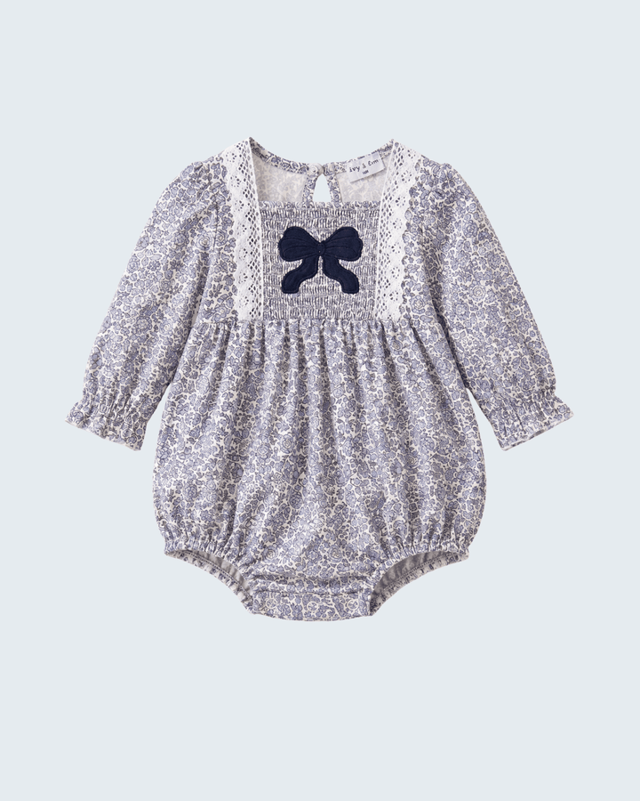 Navy Floral Bow Smocked Bubble