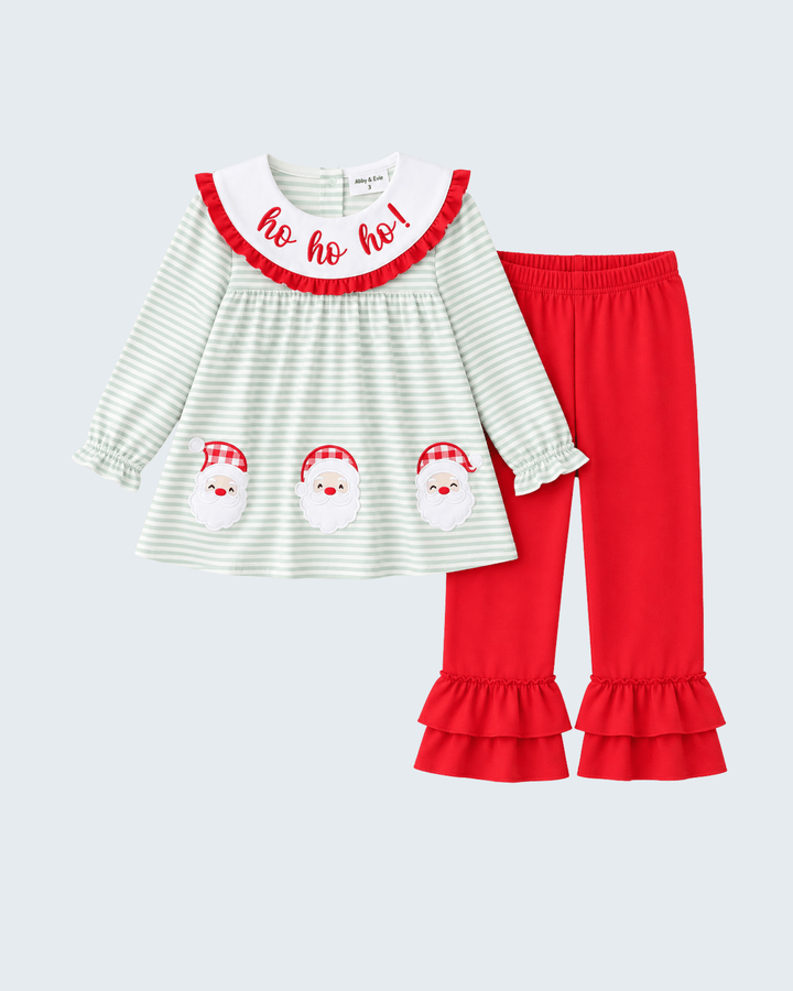 Sage striped ruffle pants set with Santa appliqués and red pants