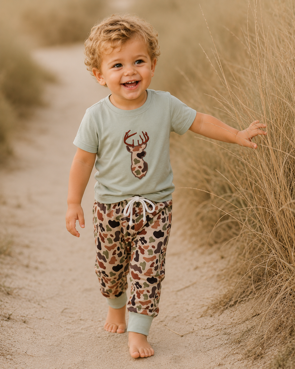 Child wearing a light blue shirt with a deer design and patterned pants walking on a dirt path.