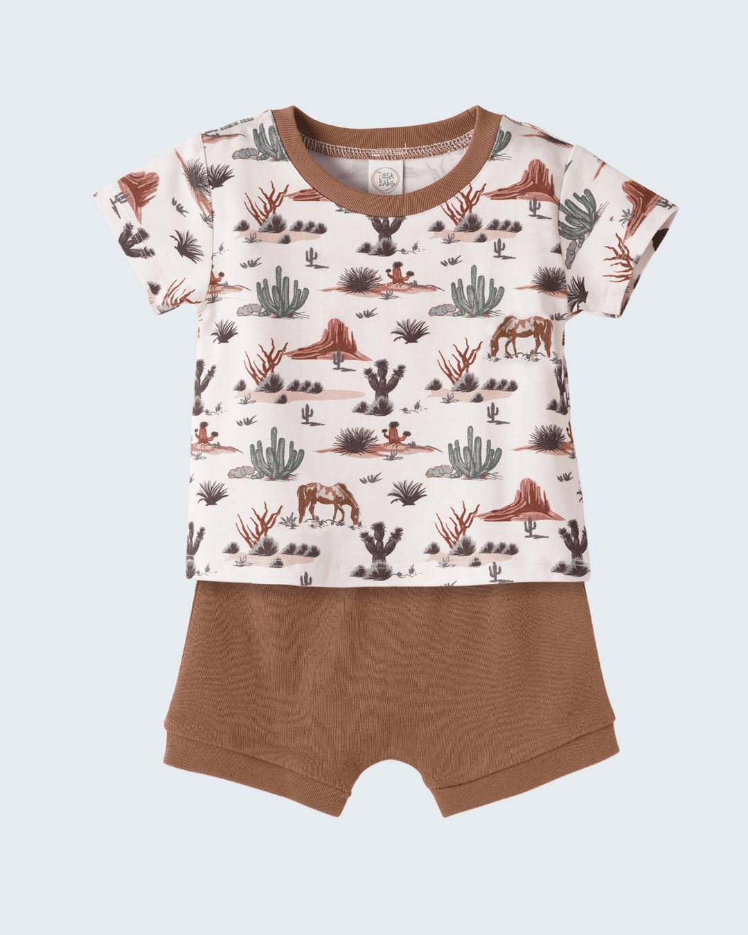 Baby romper with desert pattern on a white background
