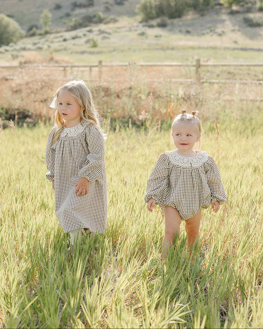 Camel gingham lace dress on two children, lace collar and long puff sleeves