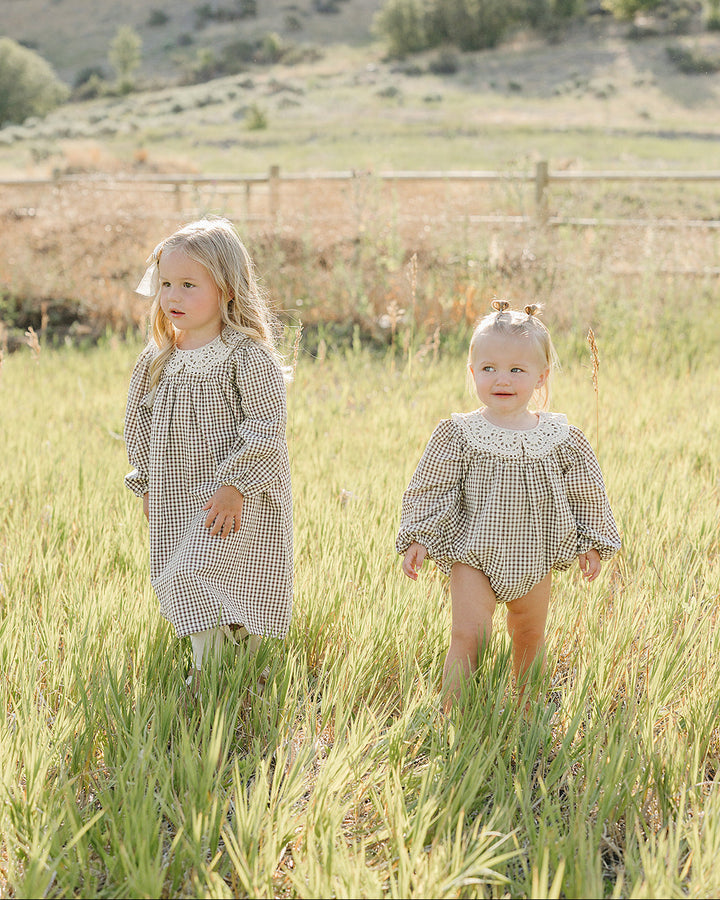 Camel gingham lace dress on two children, lace collar and long puff sleeves