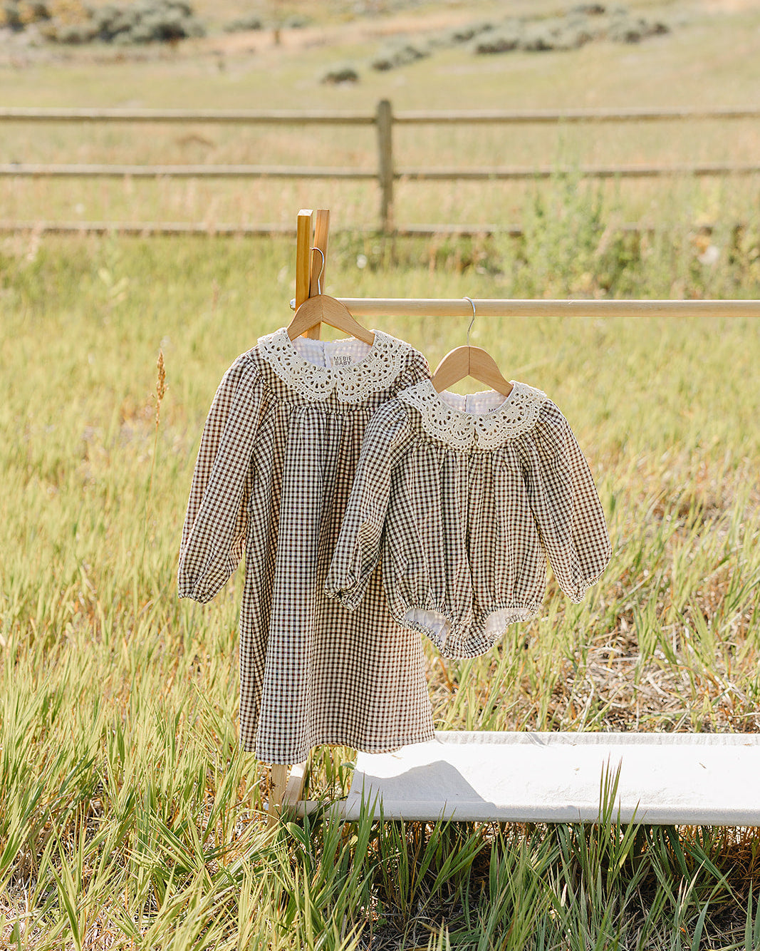 Camel gingham lace dress with scalloped Peter Pan collar and long puff sleeves