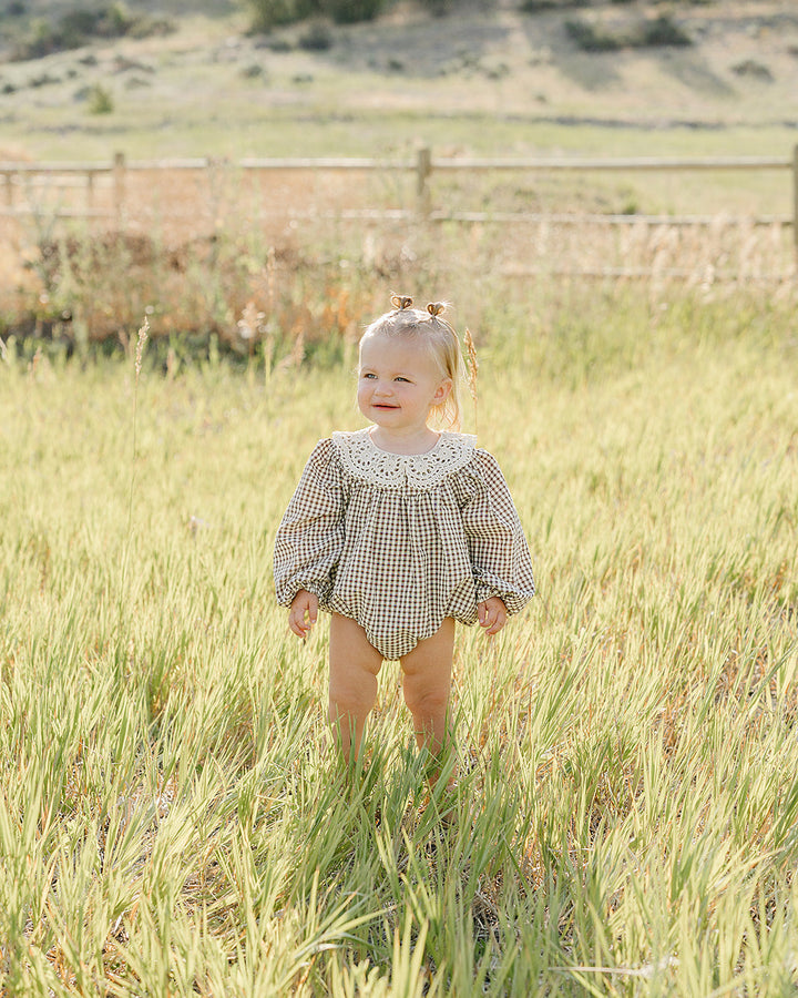 Camel gingham bubble romper with scalloped lace collar and long puff sleeves