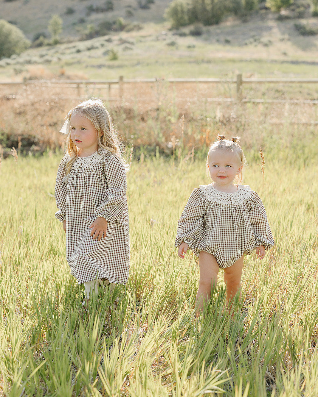 Camel gingham bubble romper with lace collar and long balloon sleeves