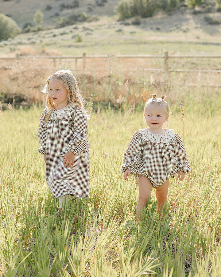 Camel gingham bubble romper with lace collar and long balloon sleeves