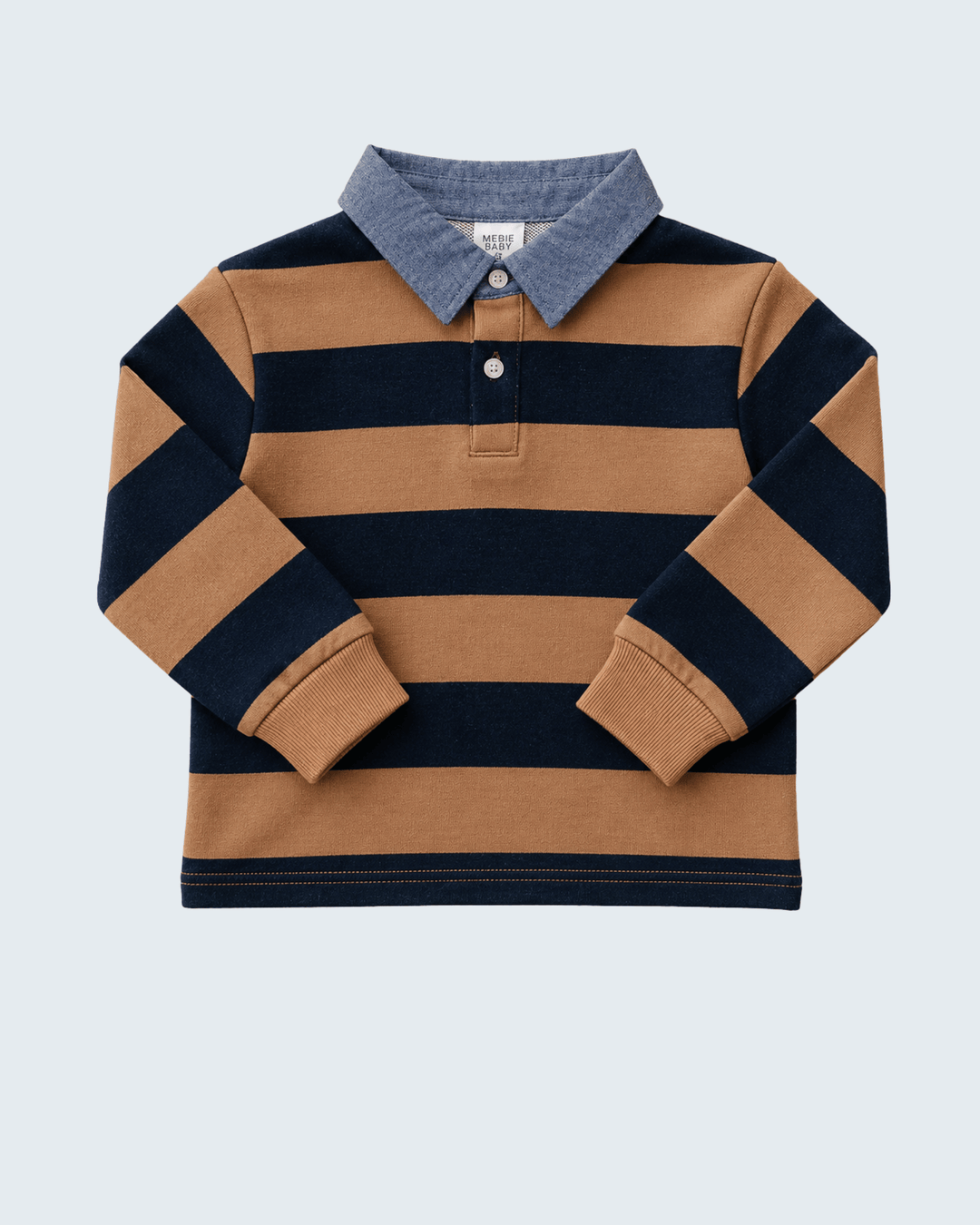 Camel and navy striped polo shirt with denim-blue collar and long sleeves