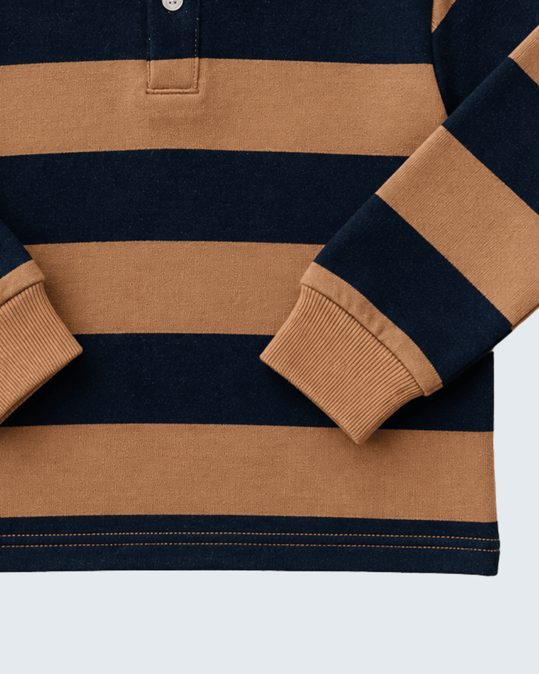 Camel and navy striped polo shirt hem with ribbed cuffs and long sleeves