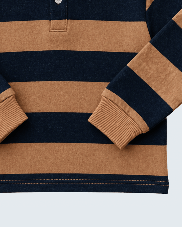 Camel and navy striped polo shirt hem with ribbed cuffs and long sleeves