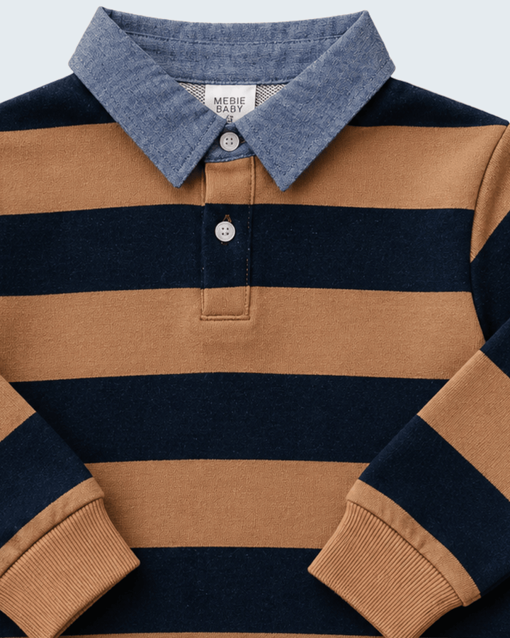 Camel and navy striped polo shirt with button placket and denim-blue pointed collar
