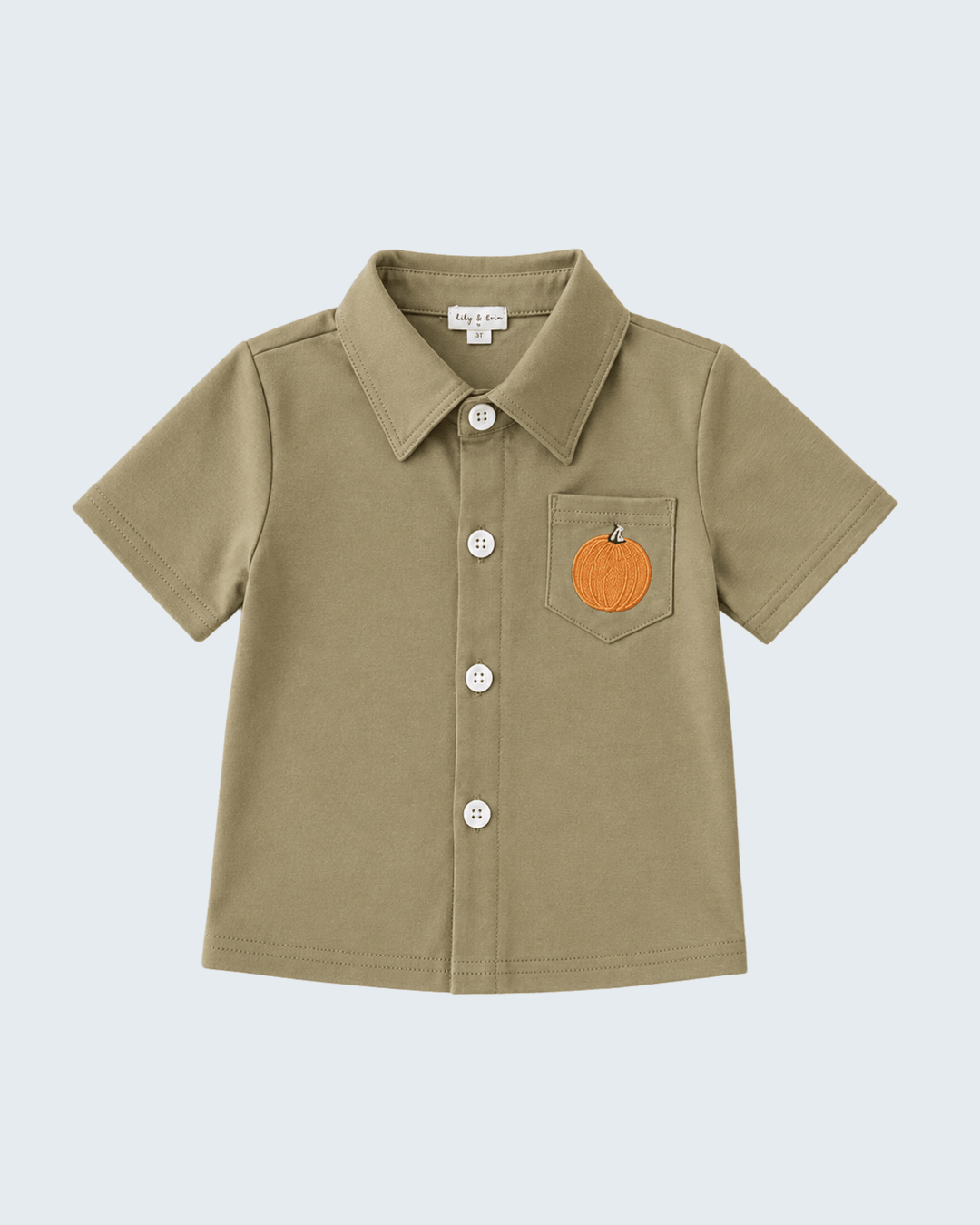Olive short-sleeve button-down shirt with chest pocket and orange pumpkin embroidery