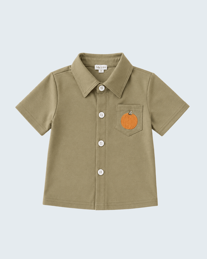 Olive short-sleeve button-down shirt with chest pocket and orange pumpkin embroidery