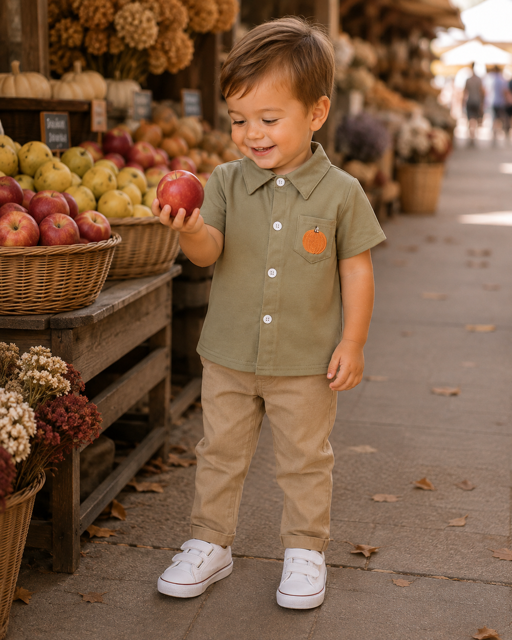 Olive short-sleeve button-down shirt with pumpkin chest pocket, worn