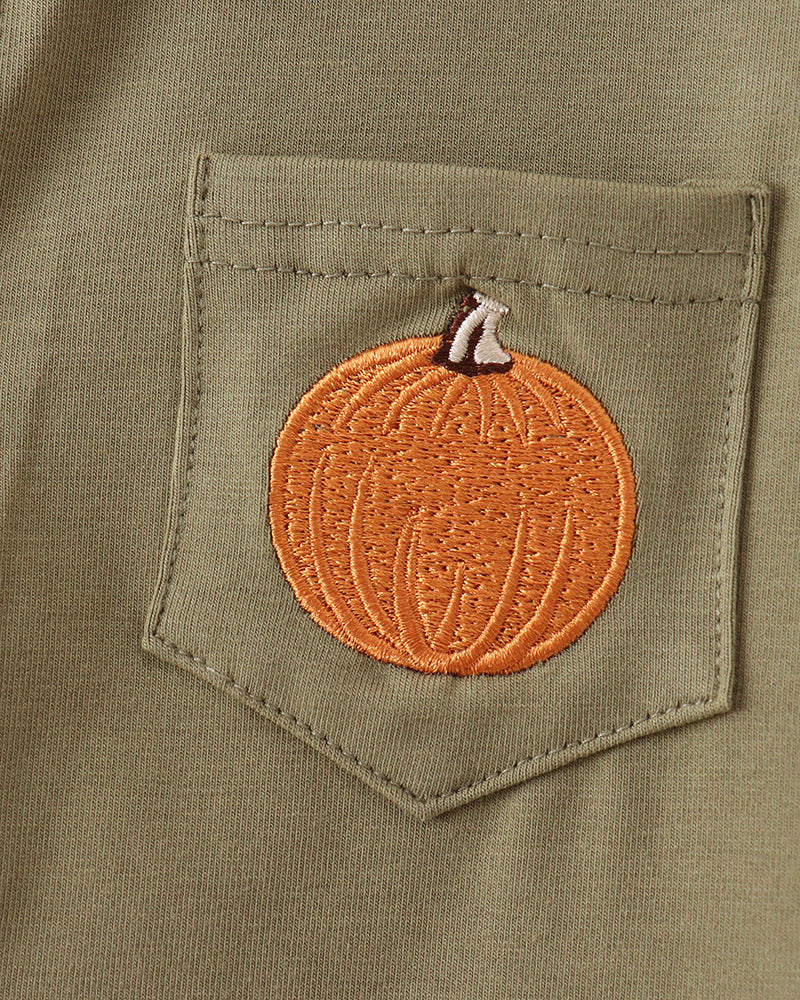 Olive button-down shirt with orange pumpkin embroidery on chest pocket