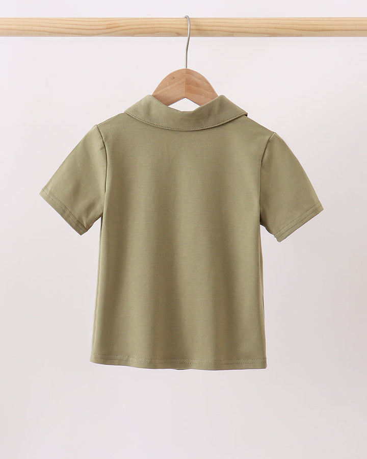 Olive short-sleeve button-down shirt with folded collar