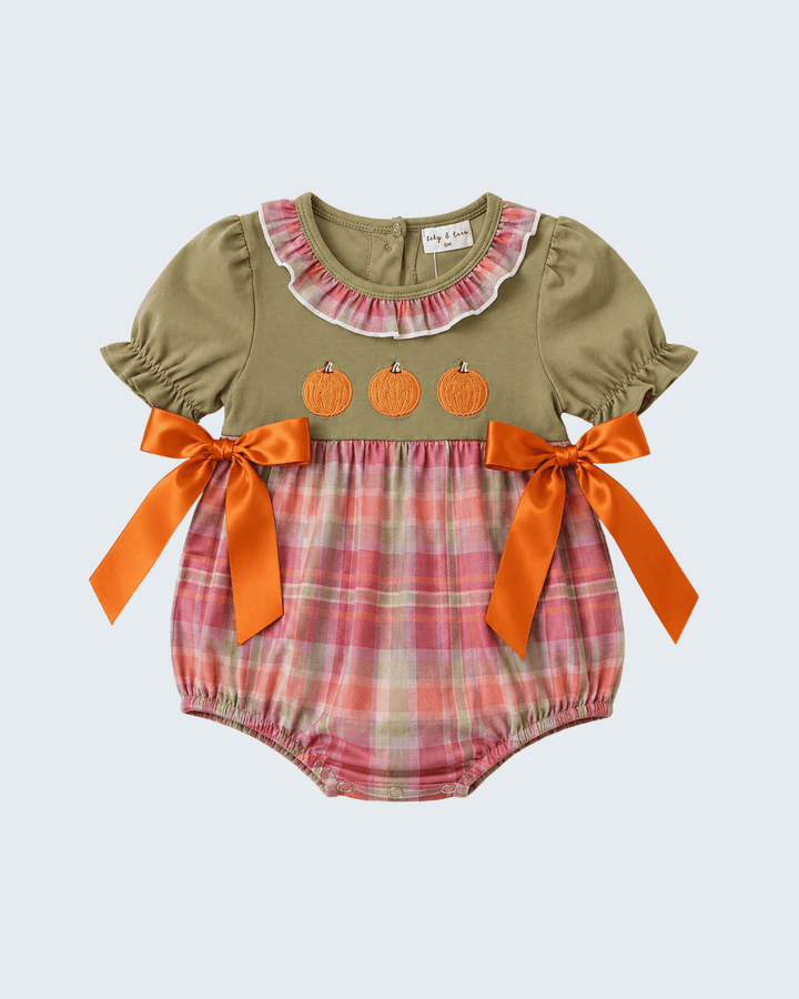 Olive plaid bubble romper with embroidered pumpkins and front orange bow ties
