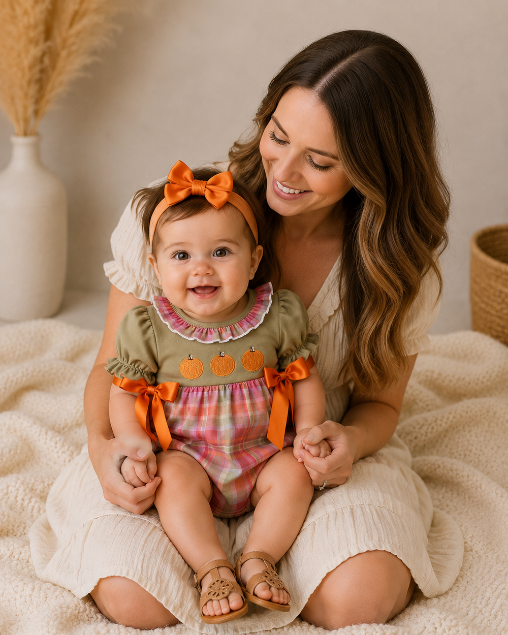 Toddler pumpkin romper with olive top, orange bows, and plaid skirt