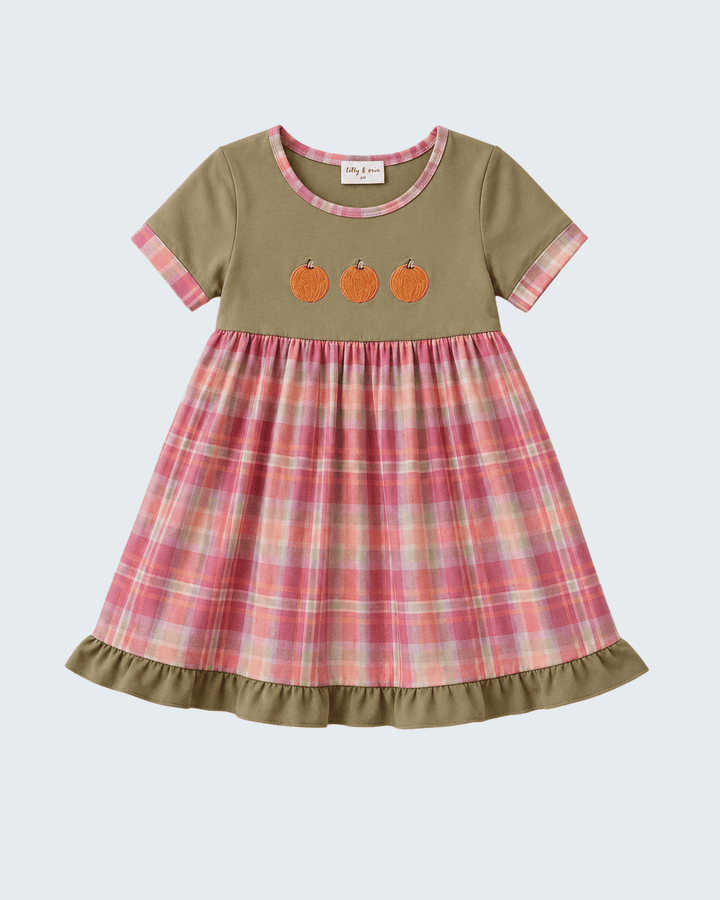 Olive green dress with three orange pumpkin embroidery and plaid skirt