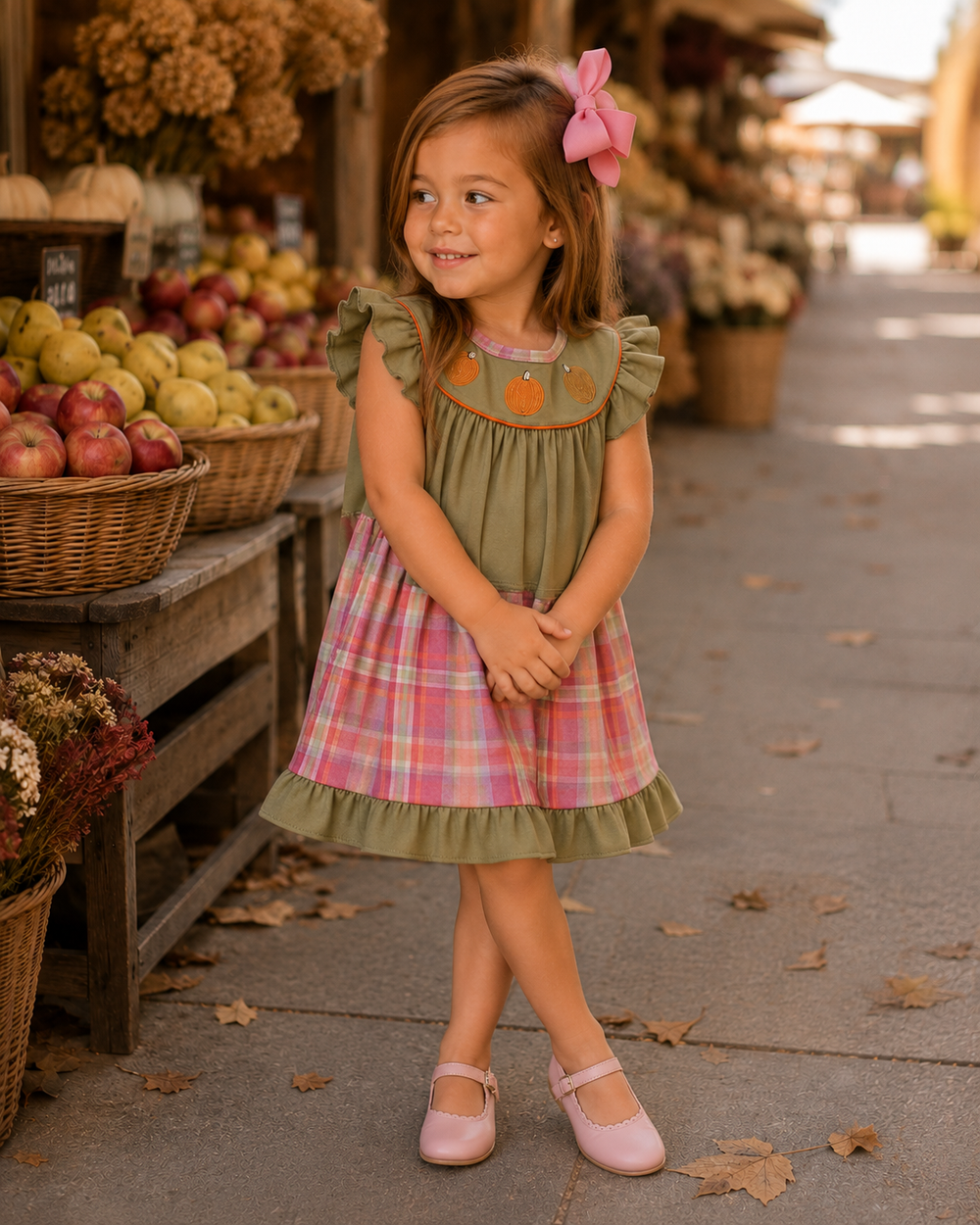 Olive green plaid dress with flutter sleeves and orange pumpkin embroidery