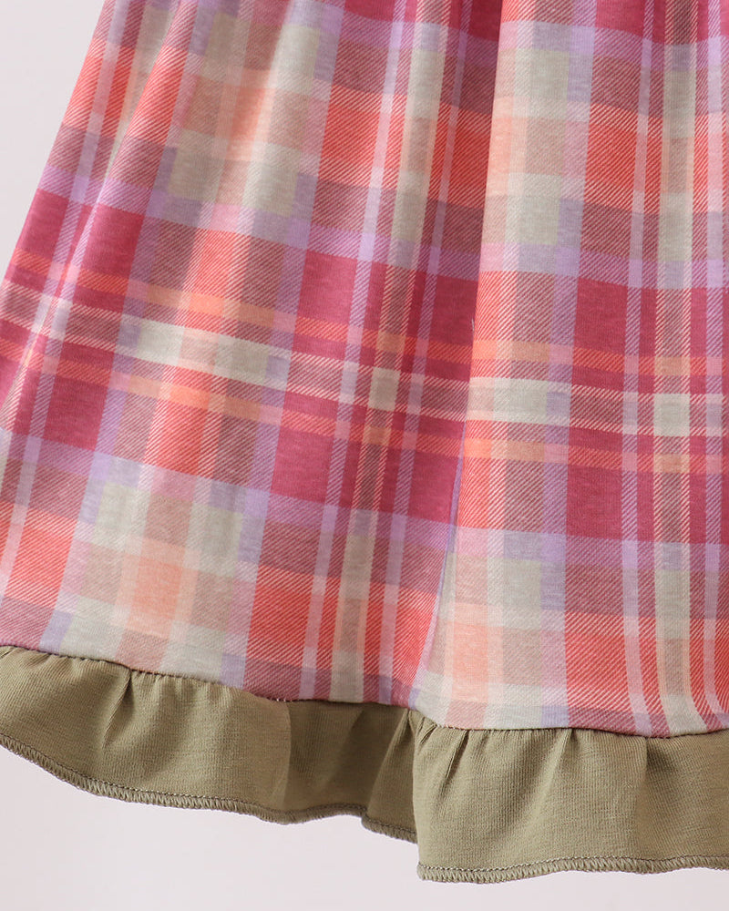 Plaid skirt panel with olive ruffle hem and elastic gathers at waist