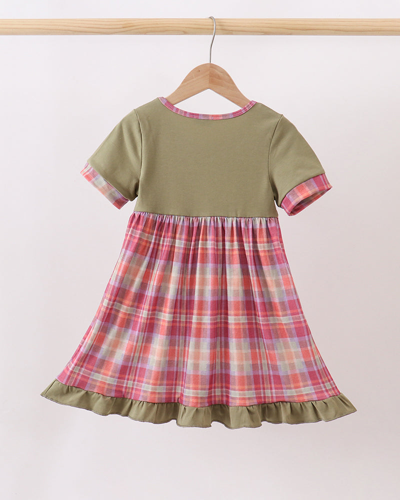 Olive green short-sleeve dress with plaid skirt and rounded back yoke