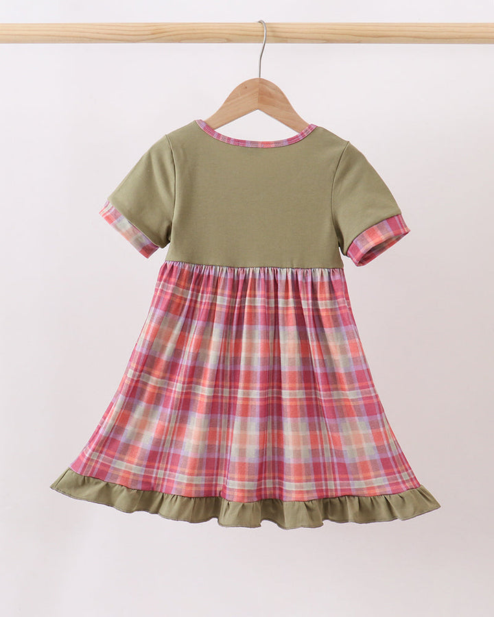 Olive green short-sleeve dress with plaid skirt and rounded back yoke