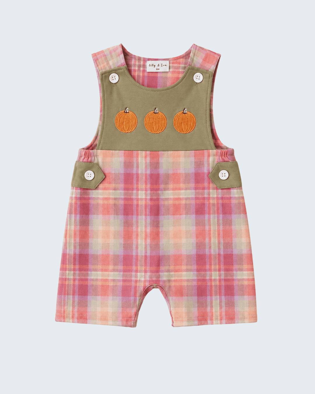 Olive pumpkin-embroidered jon jon with pink plaid overall shorts and four button details