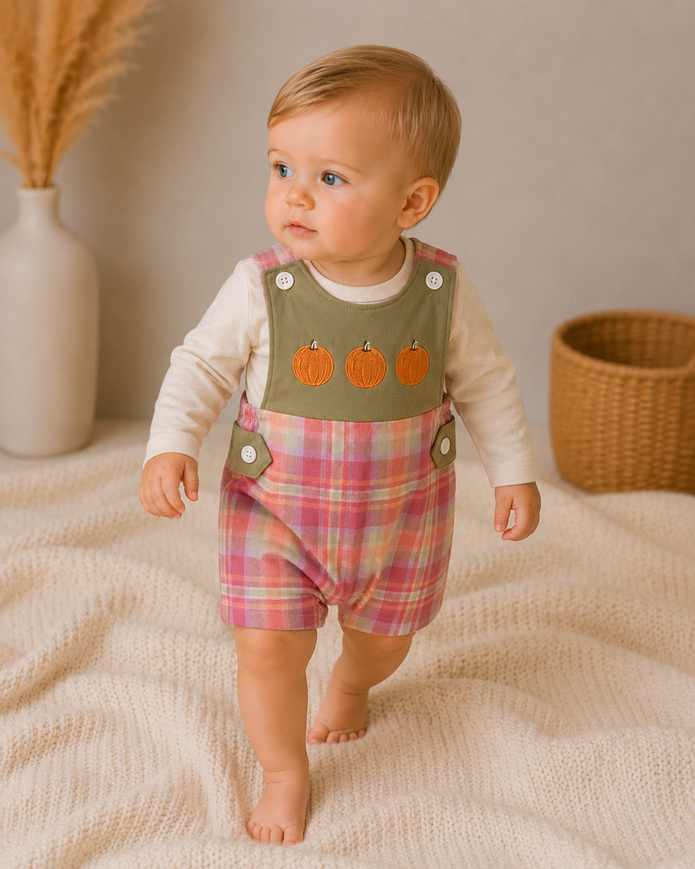 Toddler wearing olive pumpkin jon jon over a long-sleeve shirt with pink plaid bottoms